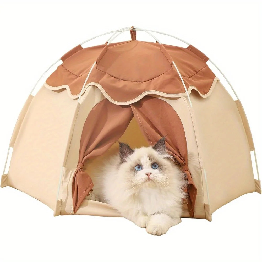 KEMORELA Large Semi-Enclosed Cat Bed | Retro Pet Tent Semi-Enclosed Cat Bed Axl Wave Edge Tent