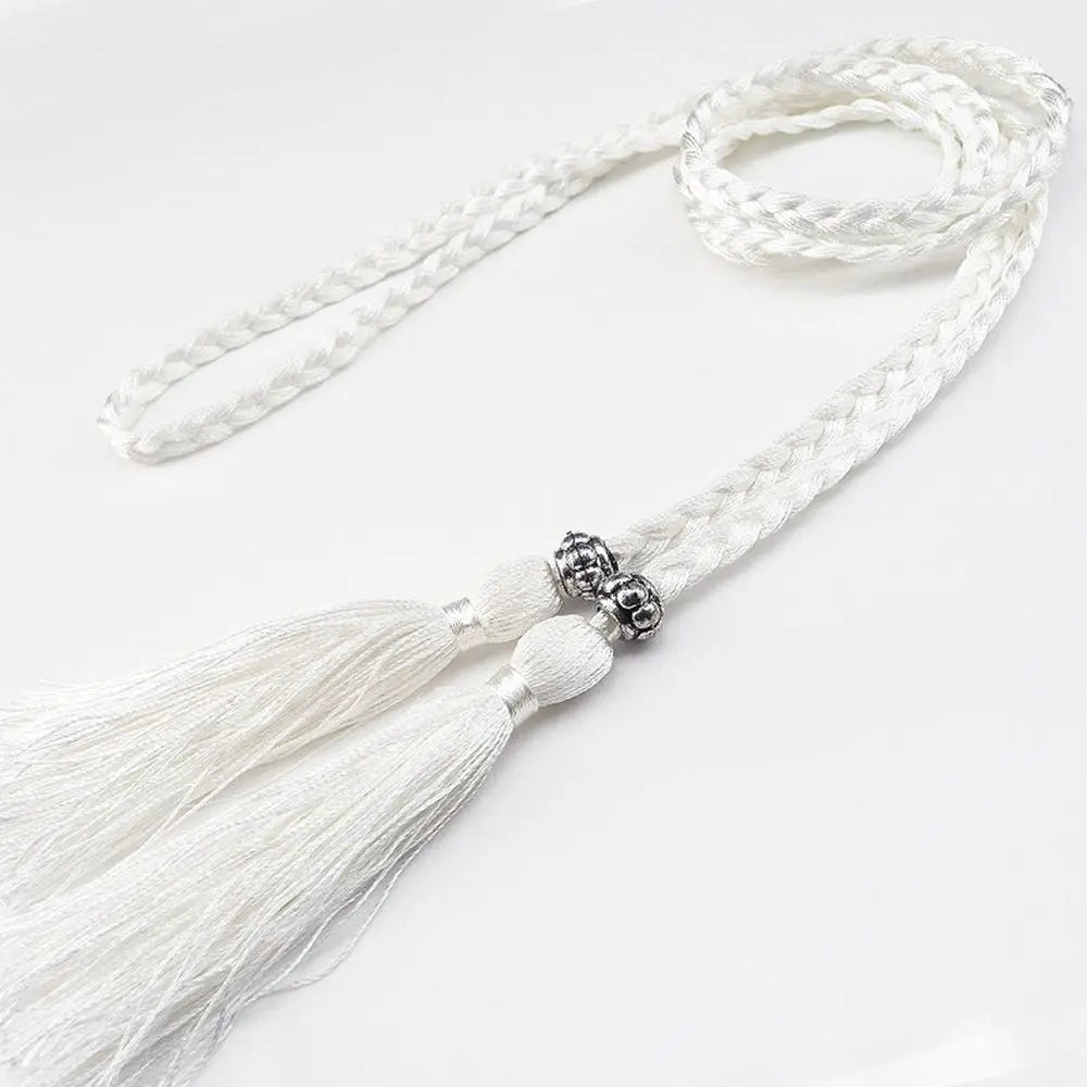 Women's Braided Tassel Waist Belt – Woven Rope Dress Belt Braided Waist Belt Axl white