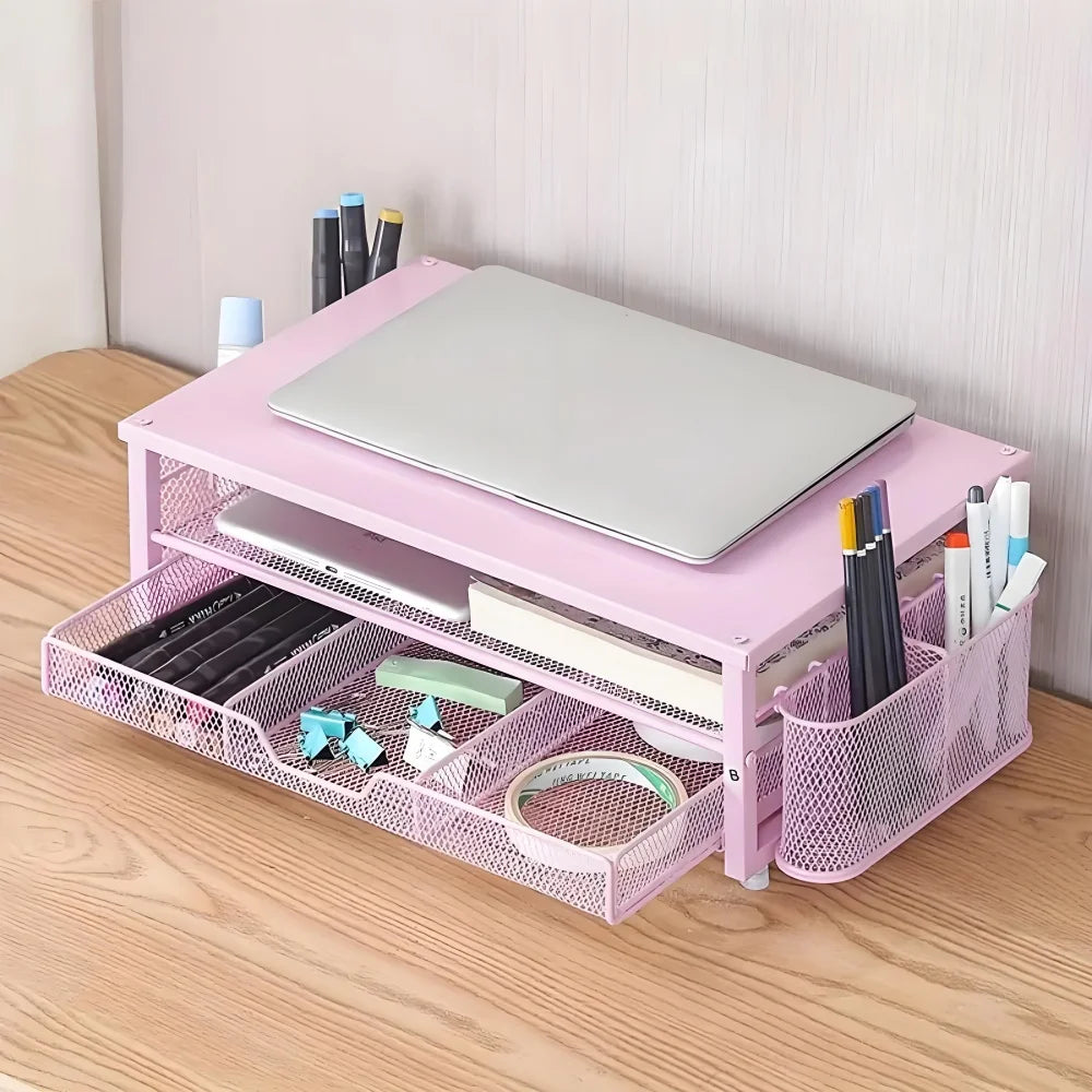 2-Tier Metal Monitor Stand Desk Organizer – Drawer & Pen Holder Monitor Stand Organizer Axl Pink