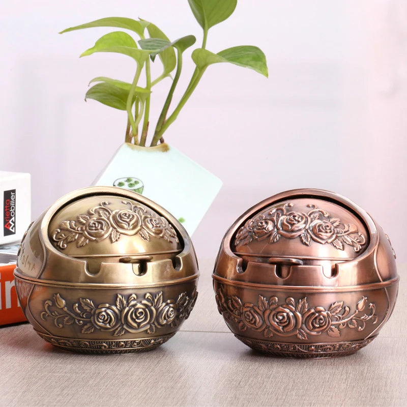 Vintage Metal Ashtray with Windproof Lid & Rose Embossed Design Metal Ashtray Axl