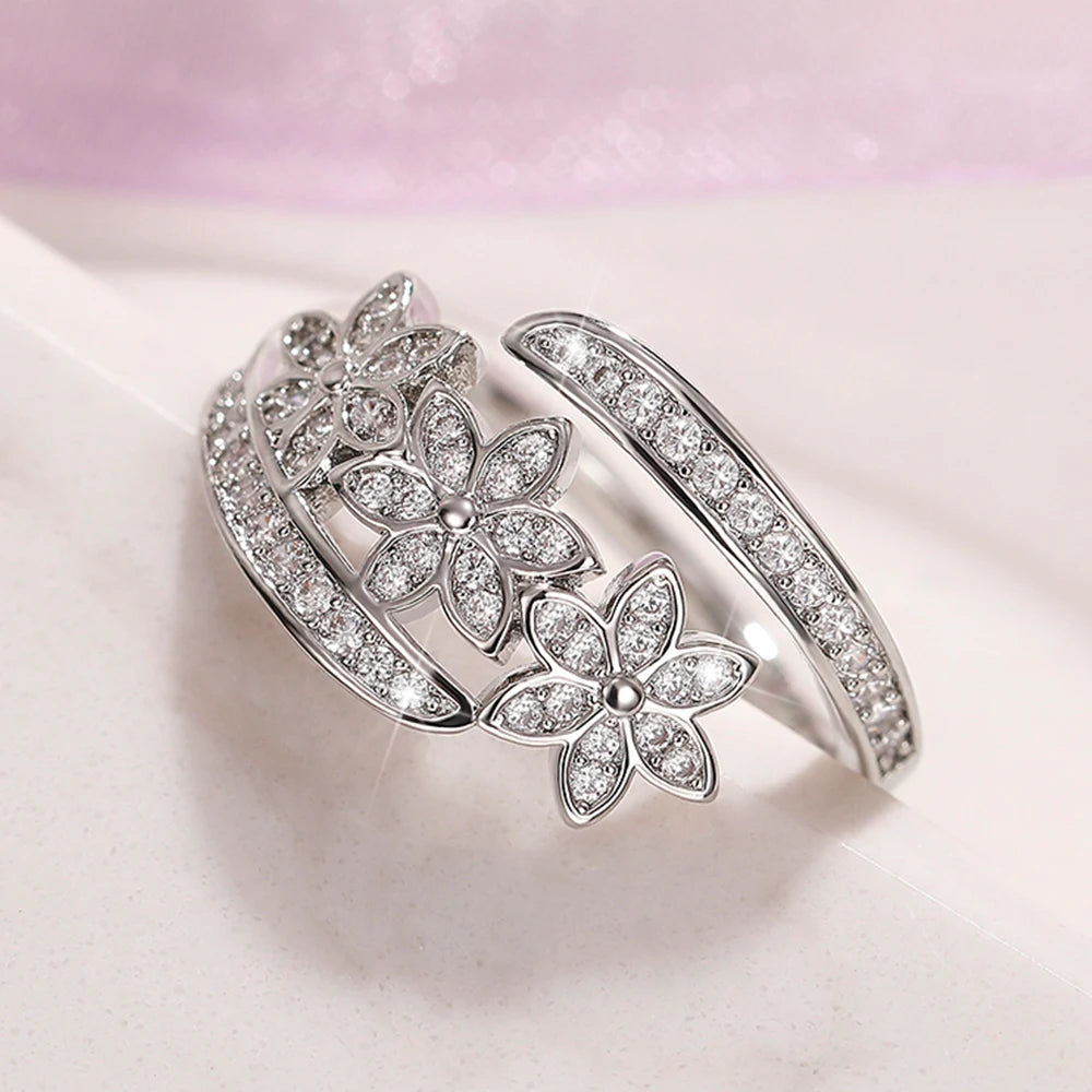 Huitan Silver Flower Adjustable Ring | Cubic Zirconia Bridal Fashion Ring Axl F1679 resizable