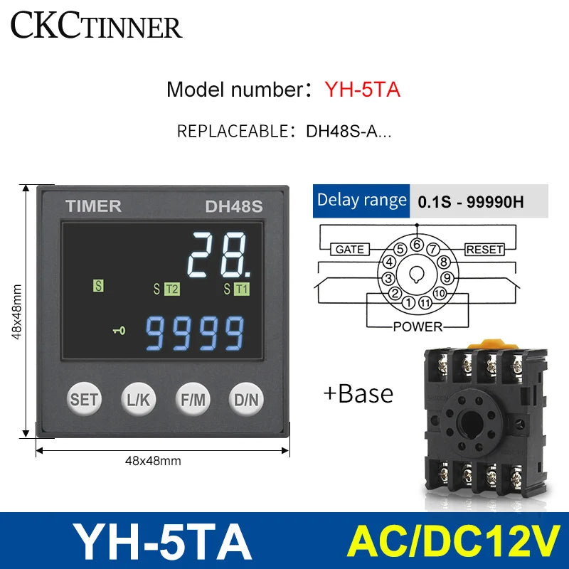 DH48S Programmable Time Delay Relay 24V/220V + Socket Base Programmable Time Relay Axl YH-5TA - 12V ACDC