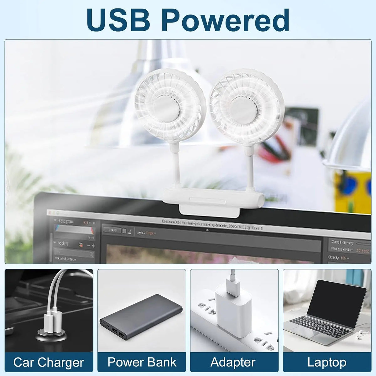 USB Monitor Clip-On Fan – Dual Fans, 3 Speeds, 360° Rotation Clip-On Desk Fan Axl