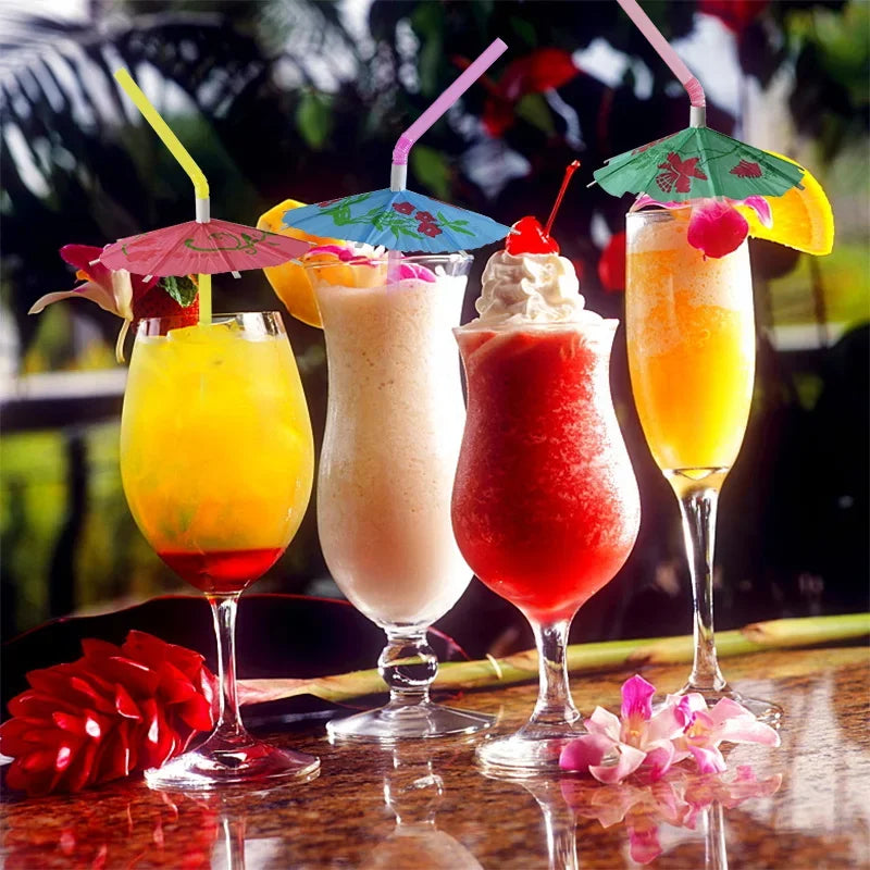 Cocktail Umbrella Straws – Fluorescent Hawaiian Party Decor Disposable Party Straws Axl