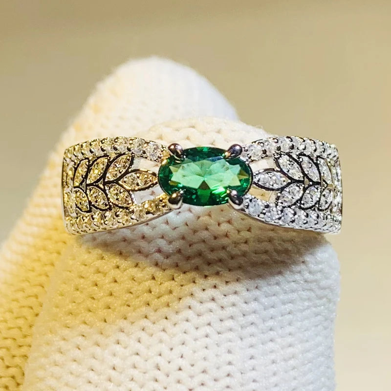 Huitan Leaf Band Oval Green Cubic Zirconia Ring for Women Fashion Ring Axl Q208 8