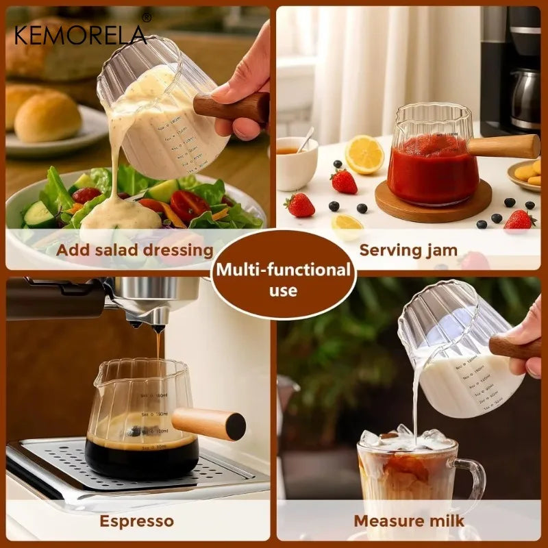 KEMORELA 180ml Glass Coffee Measuring Cup – Wooden Handle Glass Measuring Cup Axl