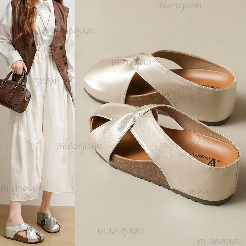 Women's Cross Strap Wedge Slippers – Closed-Toe Slip-On Wedge Sandals Axl