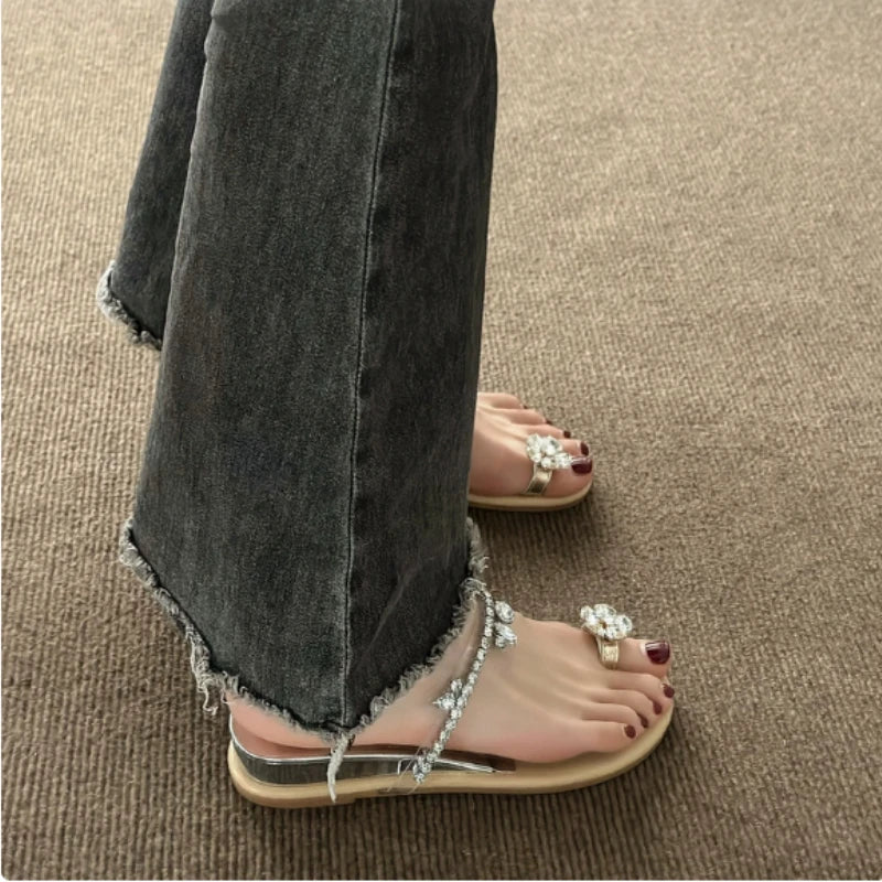 Women's Rhinestone Bohemian Clip Toe Beach Sandals | Low Heel Bohemian Sandals Axl