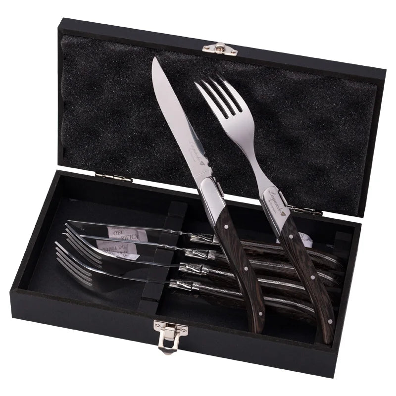 6-Piece Laguiole-Style Steak Cutlery Set – Wenge Wood Handle Cutlery Flatware Set Axl 3knife 3fork box