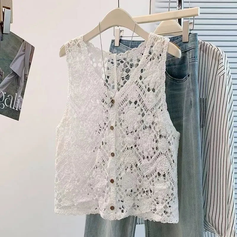 Open Knit Floral Crochet Vest – Boho Sleeveless Cardigan Crochet Knit Vest Axl