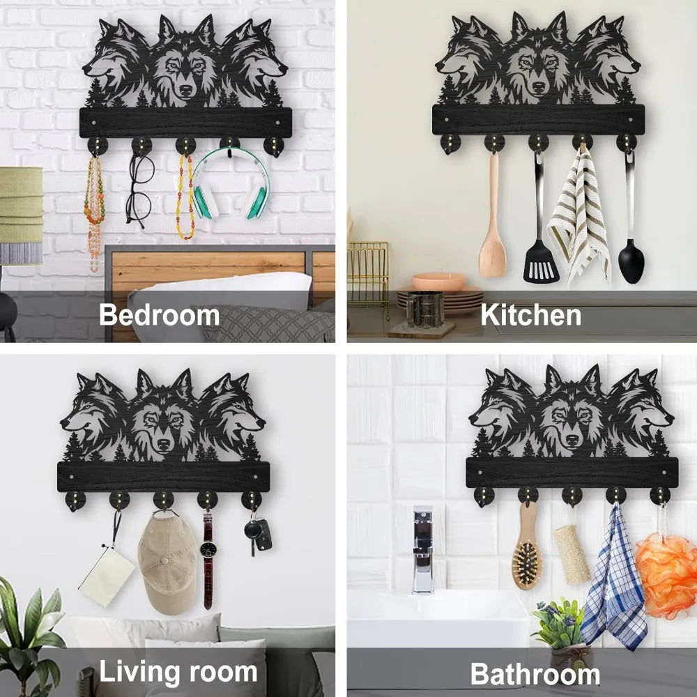 Wolf Forest Wood Wall Coat Rack – 5 Hook Key Holder 11.8in Wall Coat Rack Axl