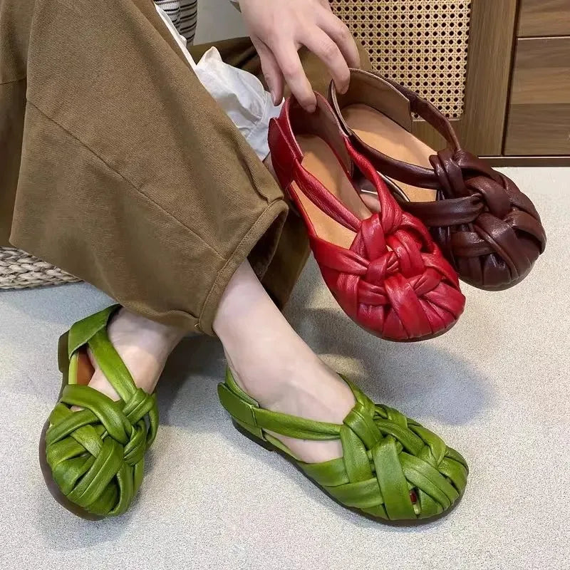 Women's Braided Genuine Leather Flat Slingback Sandals Women's Flat Sandals Axl