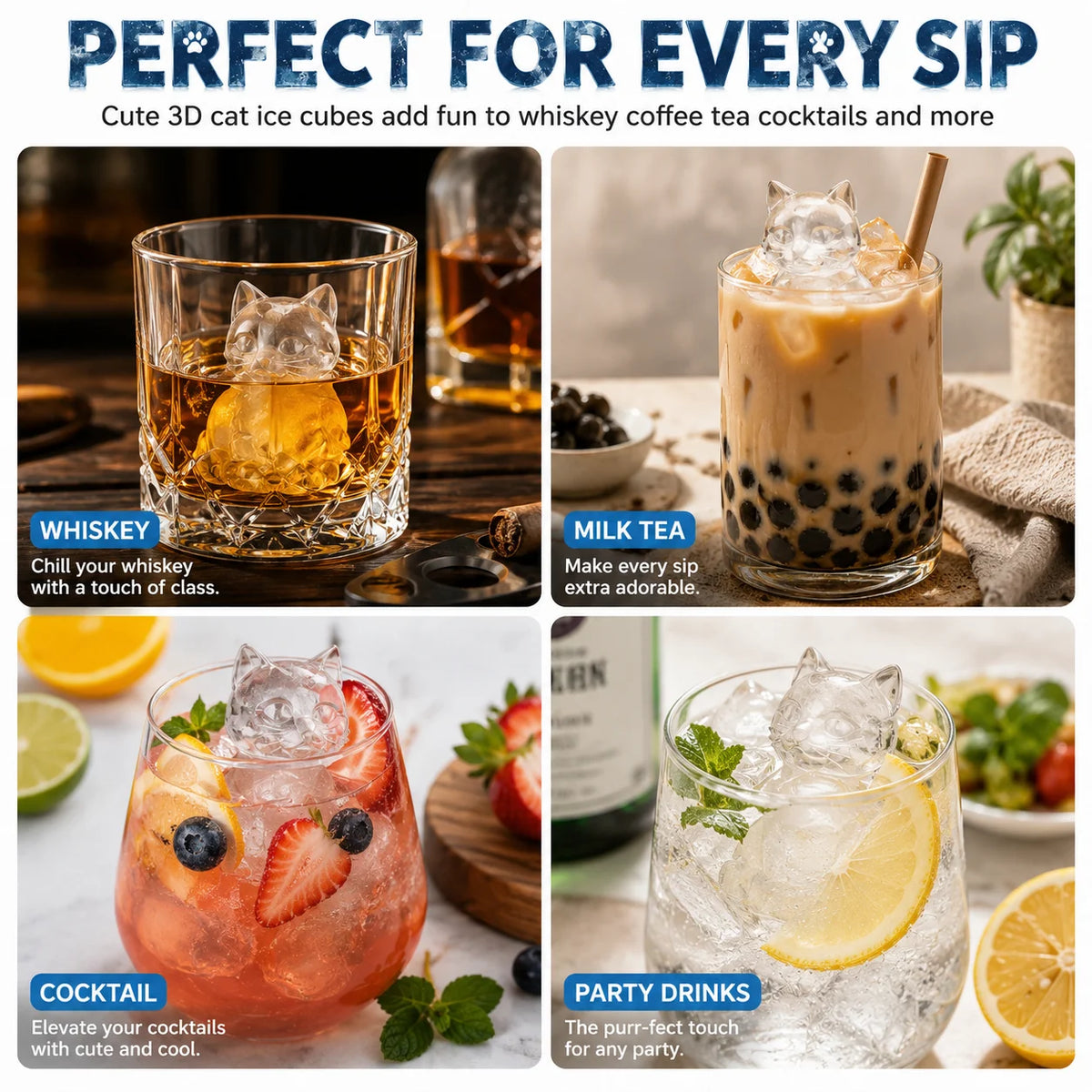 4-Cavity 3D Cat Silicone Ice Cube Tray Mold with Funnel Silicone Ice Cube Mold Axl