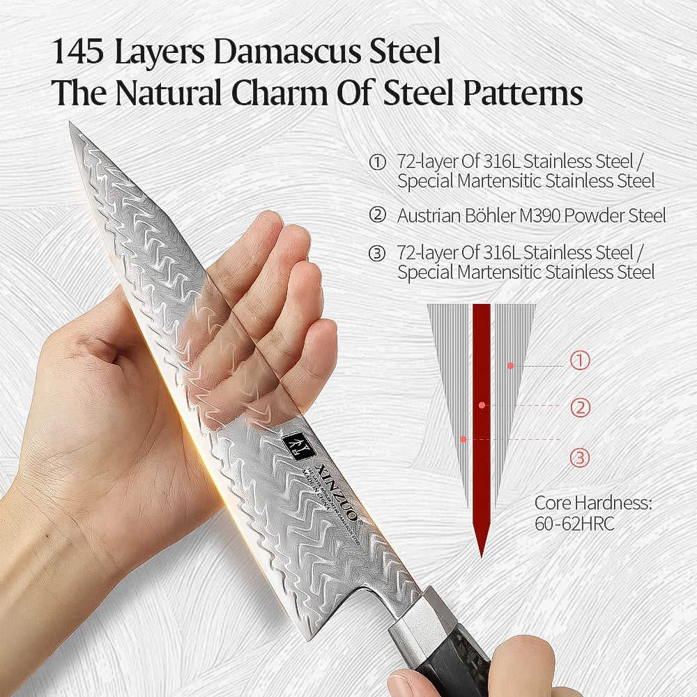 XINZUO 8.46" Damascus Chef Knife | 145-Layer M390, 62HRC Damascus Chef Knife Axl
