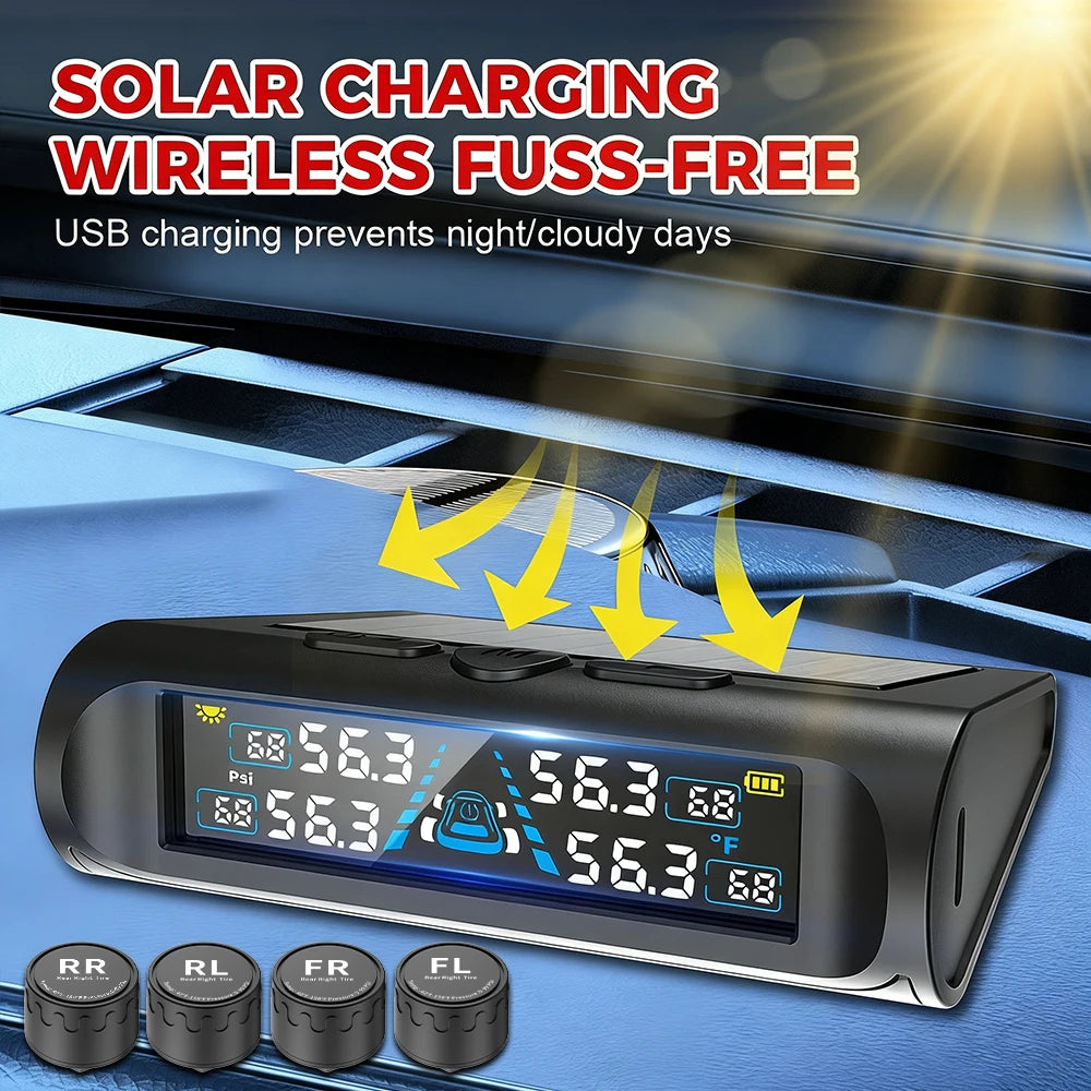 Solar TPMS – 4 External Sensor Tire Pressure & Temp Monitor Tire Pressure Monitor Axl