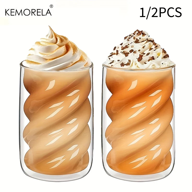 KEMORELA Double-Walled Spiral Glass Cup 320ml | 1 or 2 Pack Glass Coffee Cup Axl