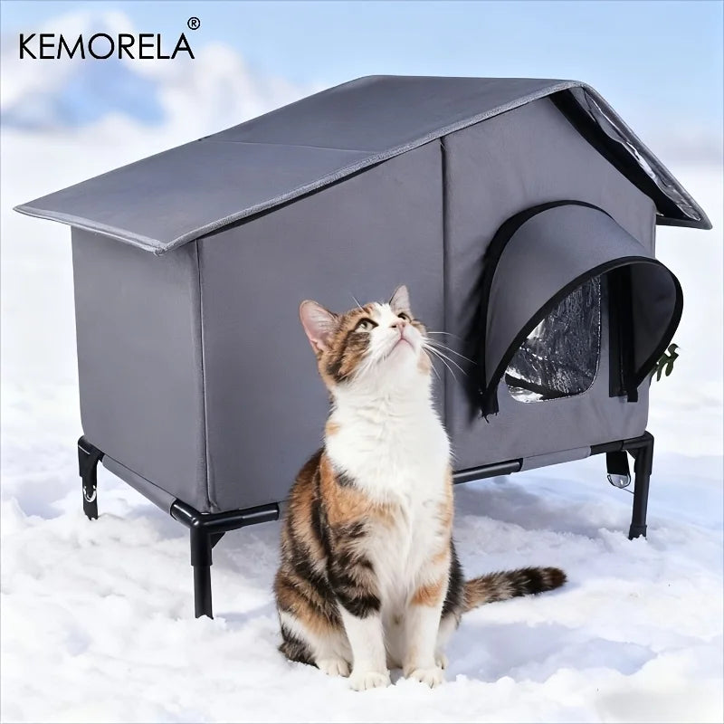 KEMORELA Winter Outdoor Cat House – Collapsible Feral Shelter Outdoor Pet Shelter Axl Grey 53X34X51cm