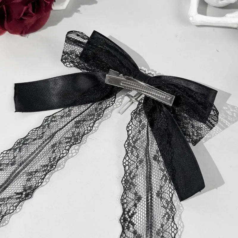 Gothic Lace Bow Hair Clip – Lolita Barrette with Rhinestone Cross Lace Bow Hair Clip Axl