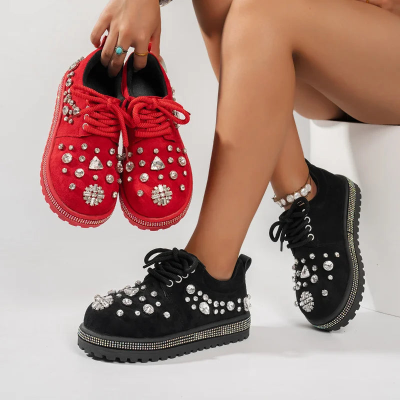 Women's Rhinestone Platform Sneakers | Crystal Suede Shoes Platform Sneakers Axl