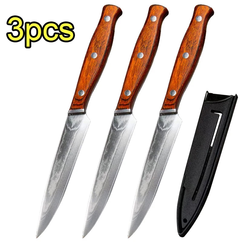 Damascus Pattern Kitchen Knife – 10Cr Steel, Wood Handle & Sheath Kitchen Slicing Knife Axl 3pcs