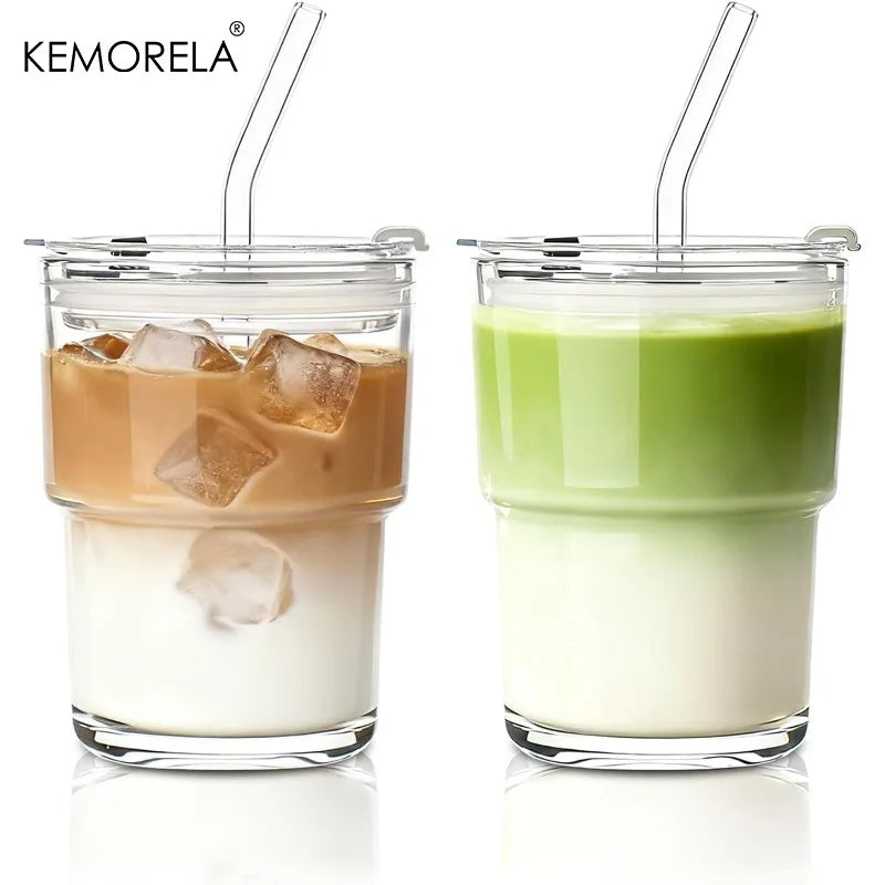 KEMORELA 380ml Glass Tumblers with Lid & Straw | Hot & Cold Glass Tumbler Set Axl 2PCS 380ML