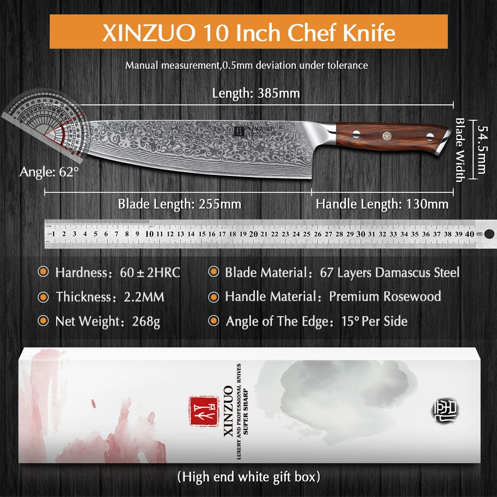 XINZUO 10-Inch Damascus Chef Knife – 67-Layer Rosewood Handle Damascus Chef Knife Axl