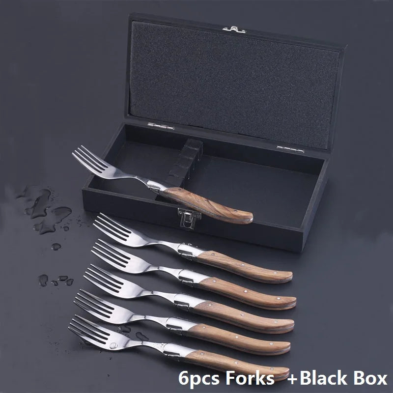 Laguiole Steak Knife Set – Olive Wood Handle, Polished Blade Steak Knife Set Axl 6 fork box