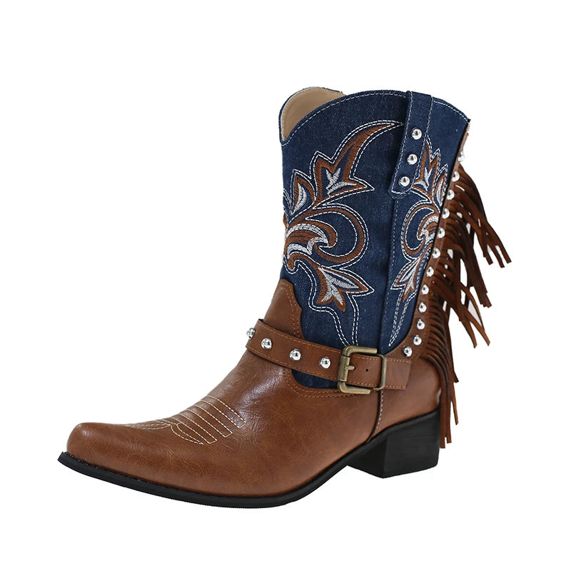 Women's Western Cowboy Boots – Embroidered Studded Block Heel Western Cowboy Boots Axl 38 Brown