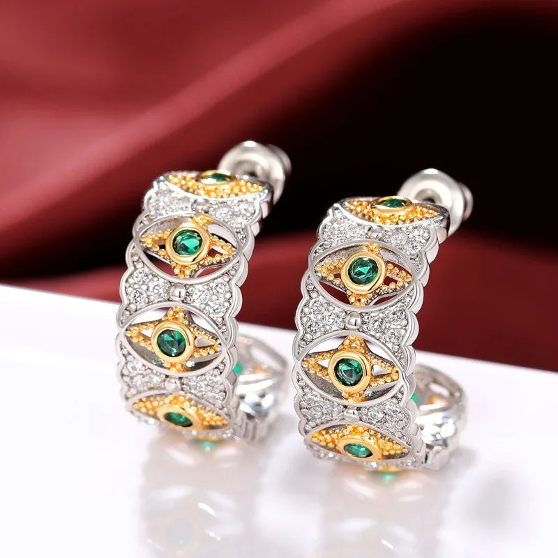 Huitan Two-Tone Hoop Earrings – Green & White Cubic Zirconia Hoop Earrings Axl E2703