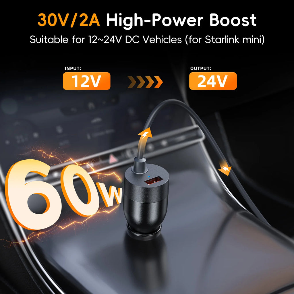 60W DC Car Charger for Starlink Mini – 30V 2A with QC USB DC Car Charger Axl