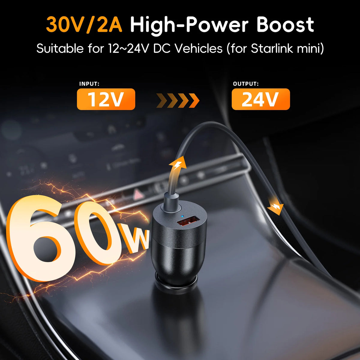 60W DC Car Charger for Starlink Mini – 30V 2A with QC USB DC Car Charger Axl