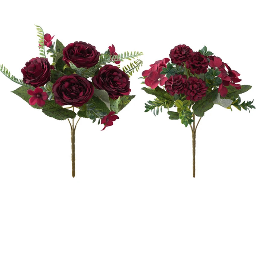 Silk Peony Hydrangea Artificial Bouquet – Wedding & Home Decor Artificial Flower Bouquet Axl Burgundy 1pc