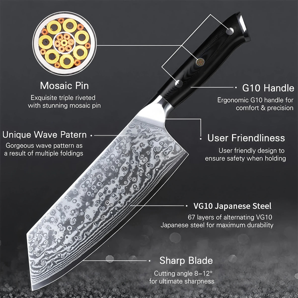 67-Layer Damascus Steel Chef Cleaver Knife – Sharp 19.3cm Damascus Chef Knife Axl