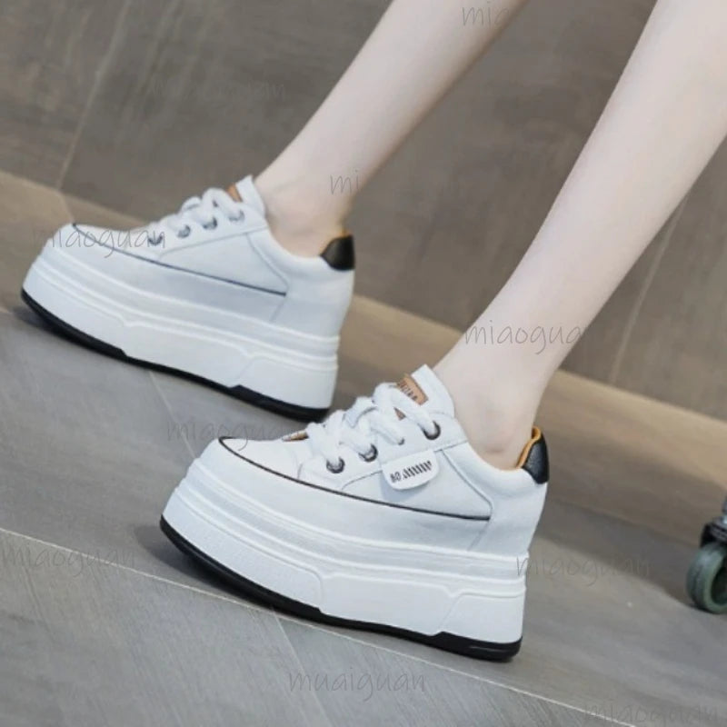 Women's 9cm Platform Sneakers – High Heel Leather Casual Shoes Platform Sneakers Axl WHITE 35