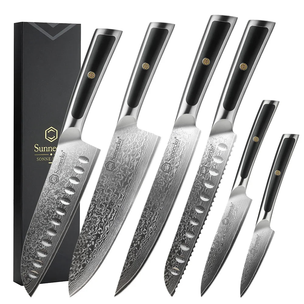 Sunnecko 7-Pc Damascus Chef Knife Set | VG10 Steel HRC60+ Damascus Knife Set Axl 6PCS Knives Set China Mainland