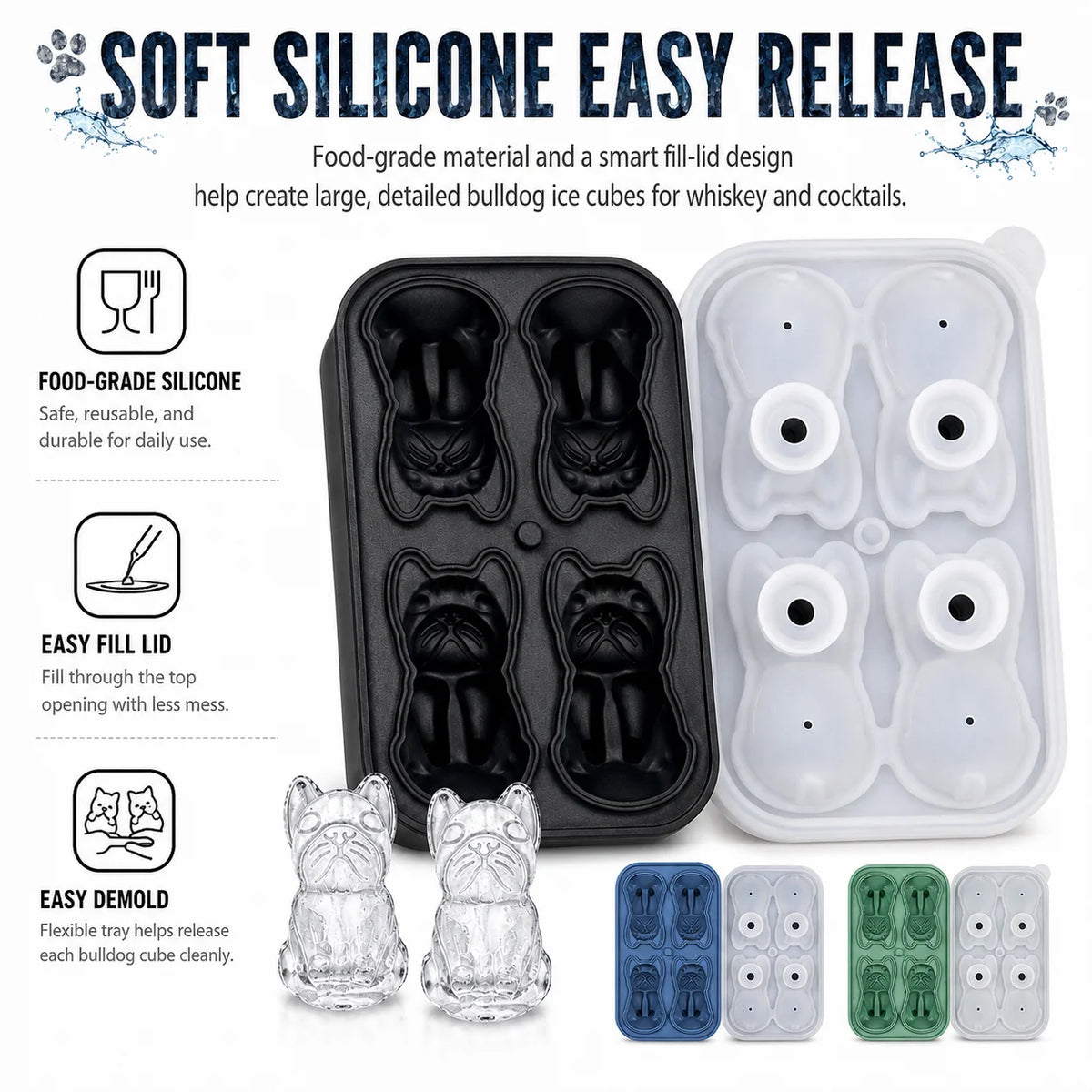 French Bulldog Silicone Ice Cube Mold – 4-Hole Tray & Funnel Silicone Ice Cube Mold Axl