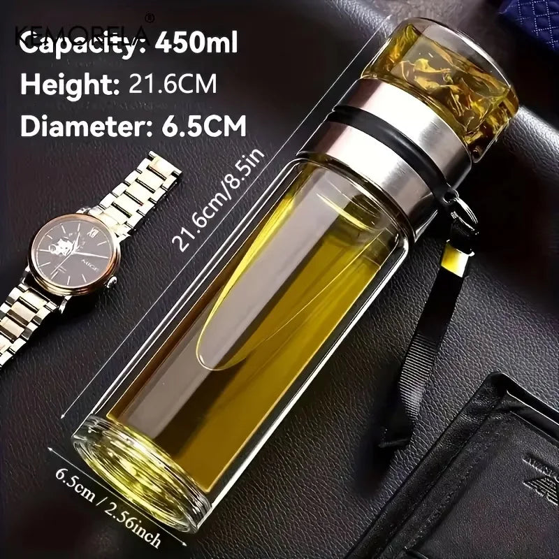 KEMORELA Glass Tea Infuser Bottle – Double Wall Travel Mug Tea Infuser Bottle Axl 450ML 350-500ml