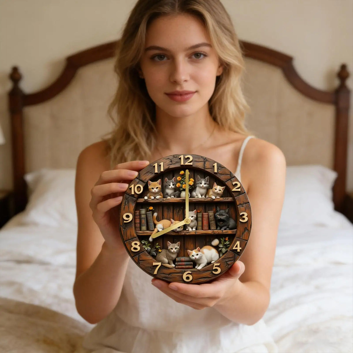 11.81" Silent Cat Wall Clock – Wooden Farmhouse Decor Silent Wall Clock Axl