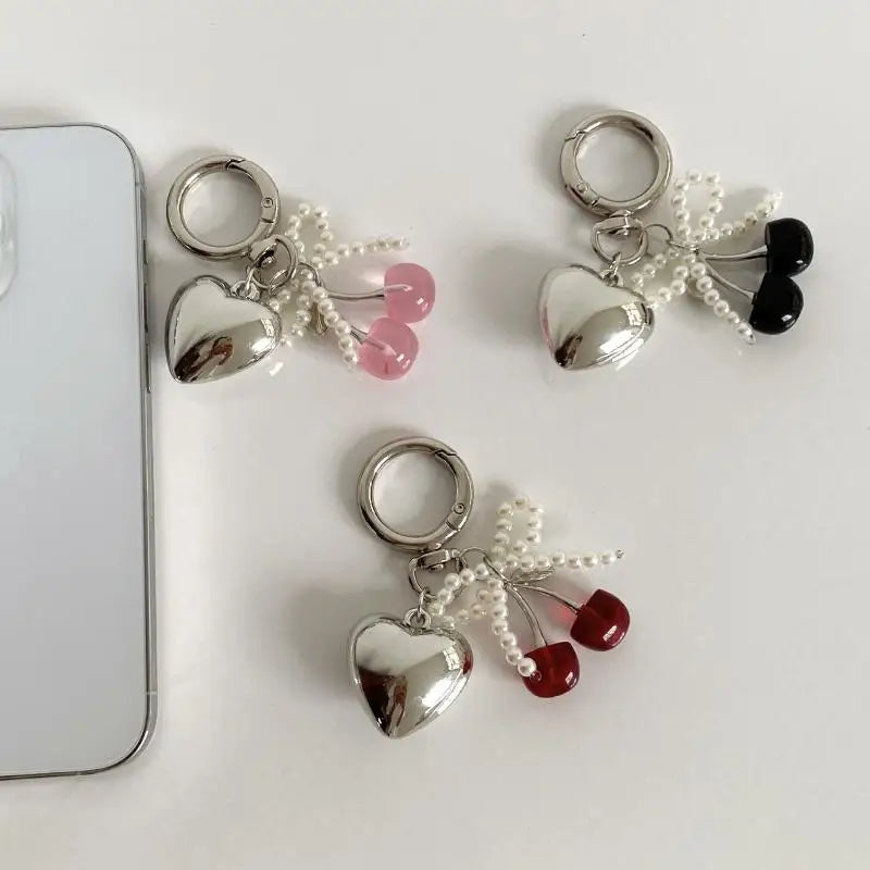 3D Crystal Cherry Keychain – Pearl Bow Heart Pendant Keyring Fashion Keychain Axl