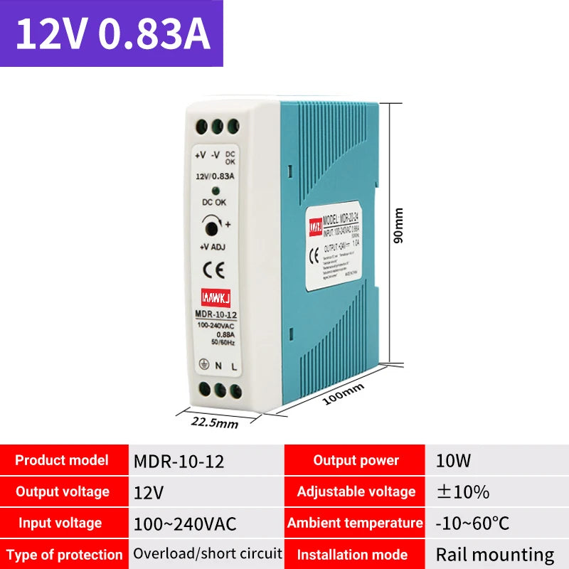 MDR DIN Rail Power Supply 5V 12V 24V | 10W–100W DC Switch DIN Rail Power Supply Axl MDR-10-12