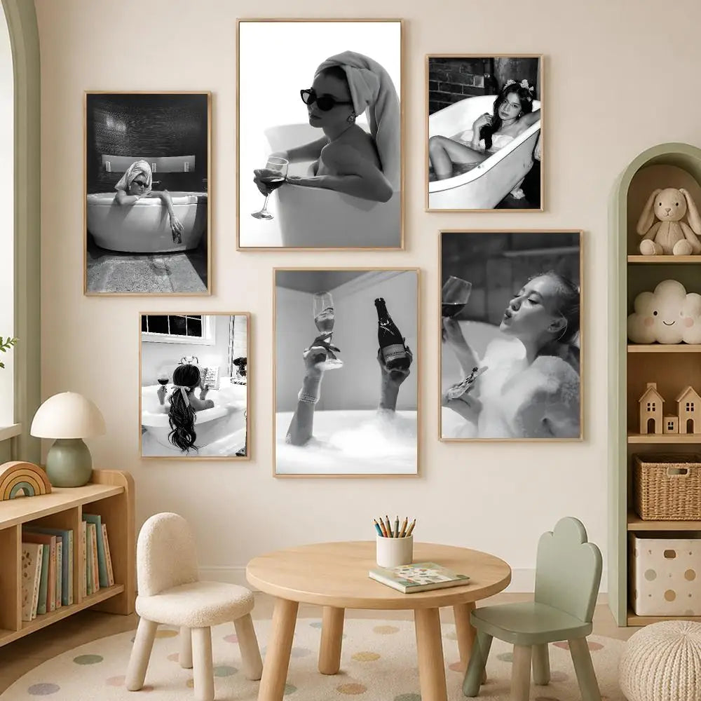 Woman Drinking Wine in Bathtub Poster – HD Self-Stick Wall Art Wall Art Poster Axl