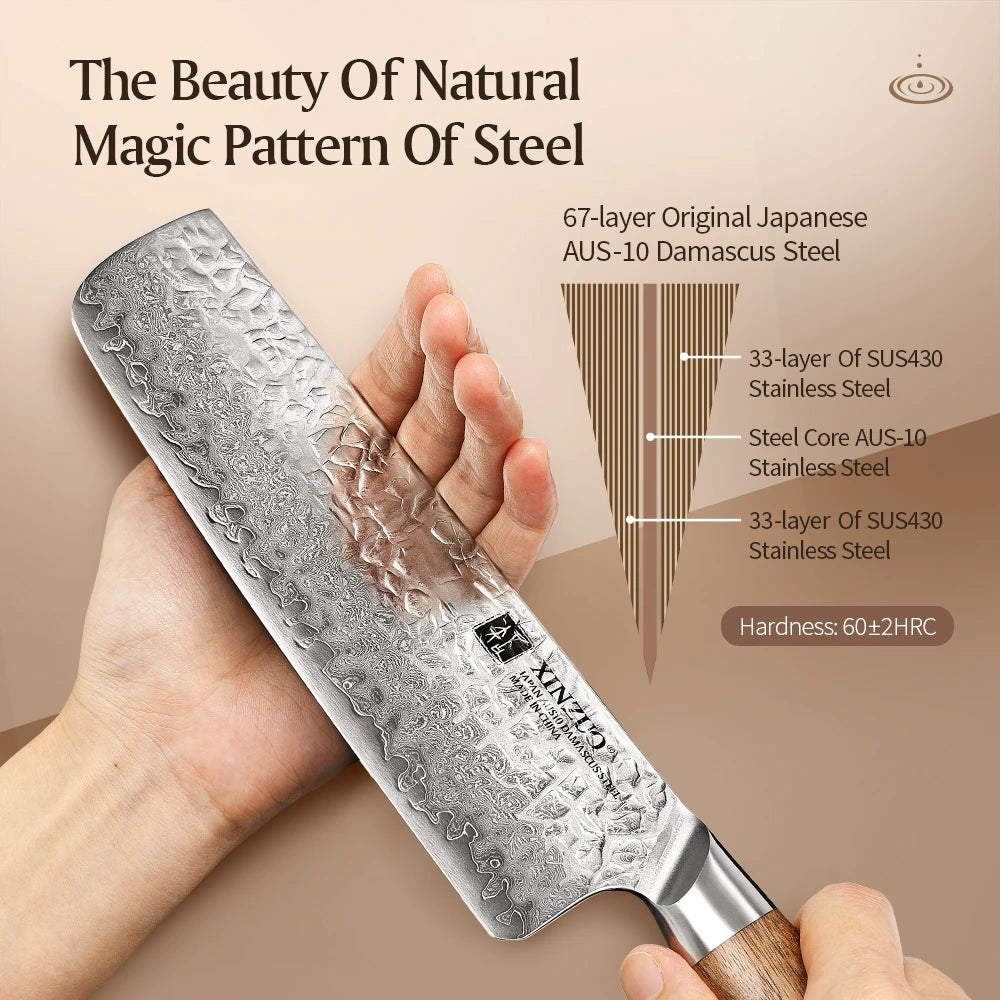 XINZUO 7" Nakiri Knife – AUS10 Damascus Steel Walnut Handle Damascus Nakiri Knife Axl