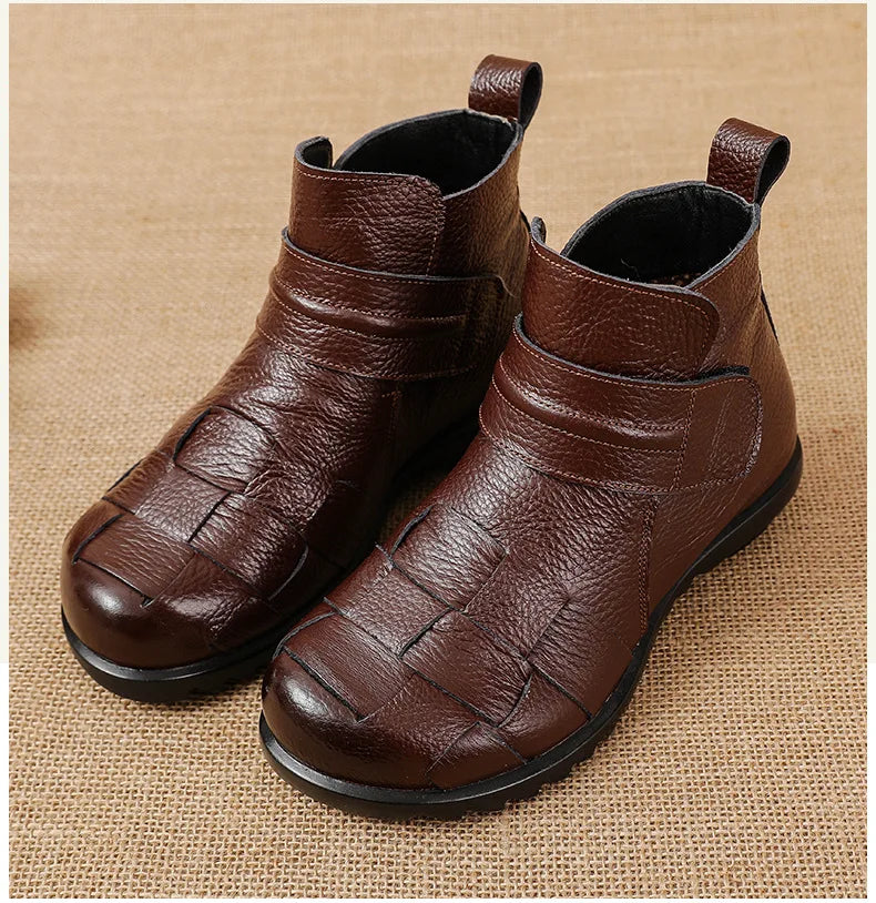 Women's Genuine Leather Ankle Boots – Retro Braid Winter Snow Women's Ankle Boots Axl