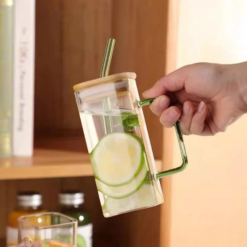 400ml Square Glass Mug with Lid & Straw | Microwave Safe Glass Mug Axl