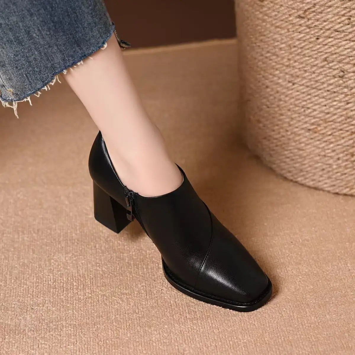 Retro Square Toe Women's Pumps – 7cm Block Heel | Black Brown Women's Block Heel Pumps Axl