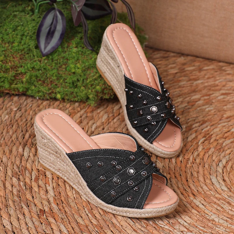 UXST Women's Cowboy Wedge Sandals – Canvas Platform Slides Wedge Sandals Axl