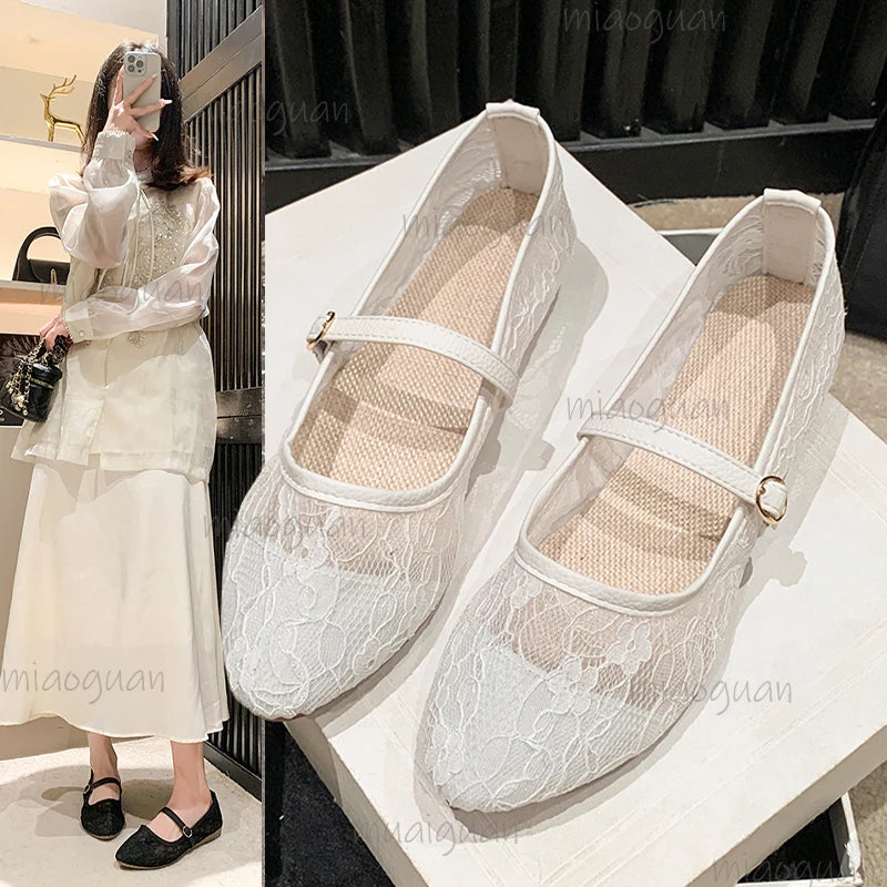 Women's Floral Mesh Ballet Flats – Slip-On Pointed Toe Shoes Ballet Flat Shoes Axl