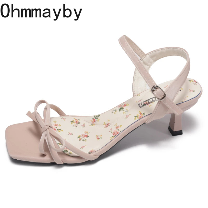 Women's Floral Butterfly-Knot Slingback Mid Heel Sandals Women's Heel Sandals Axl