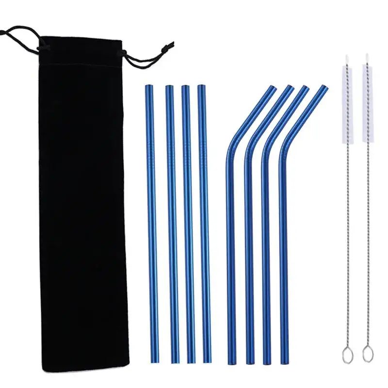 10-Piece Reusable Stainless Steel Straws Set with Cleaning Brush Reusable Straw Set Axl blue