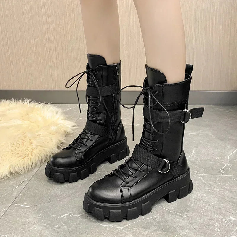 Women's Punk Gothic Mid-Calf Motorcycle Boots – Lace-Up Motorcycle Boots Axl